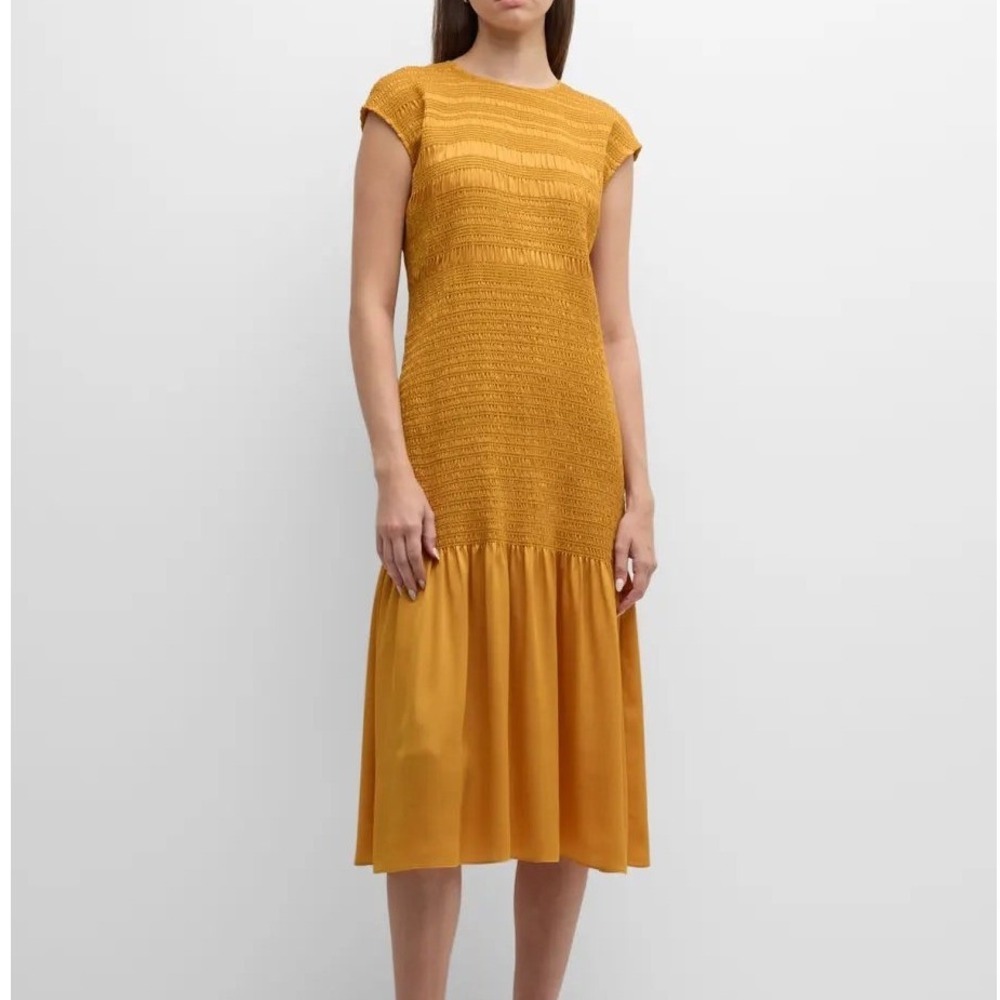 Lafayette 148‎ Gold Yellow Smocked Cap Sleeve Flounce Ruffle Hem Midi Dress - M